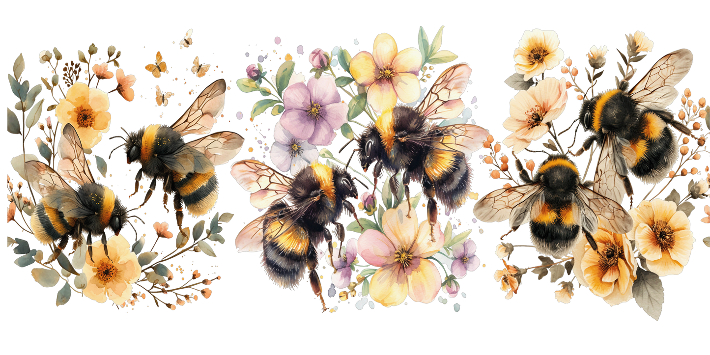 Illustration of bees and flowers on a white background