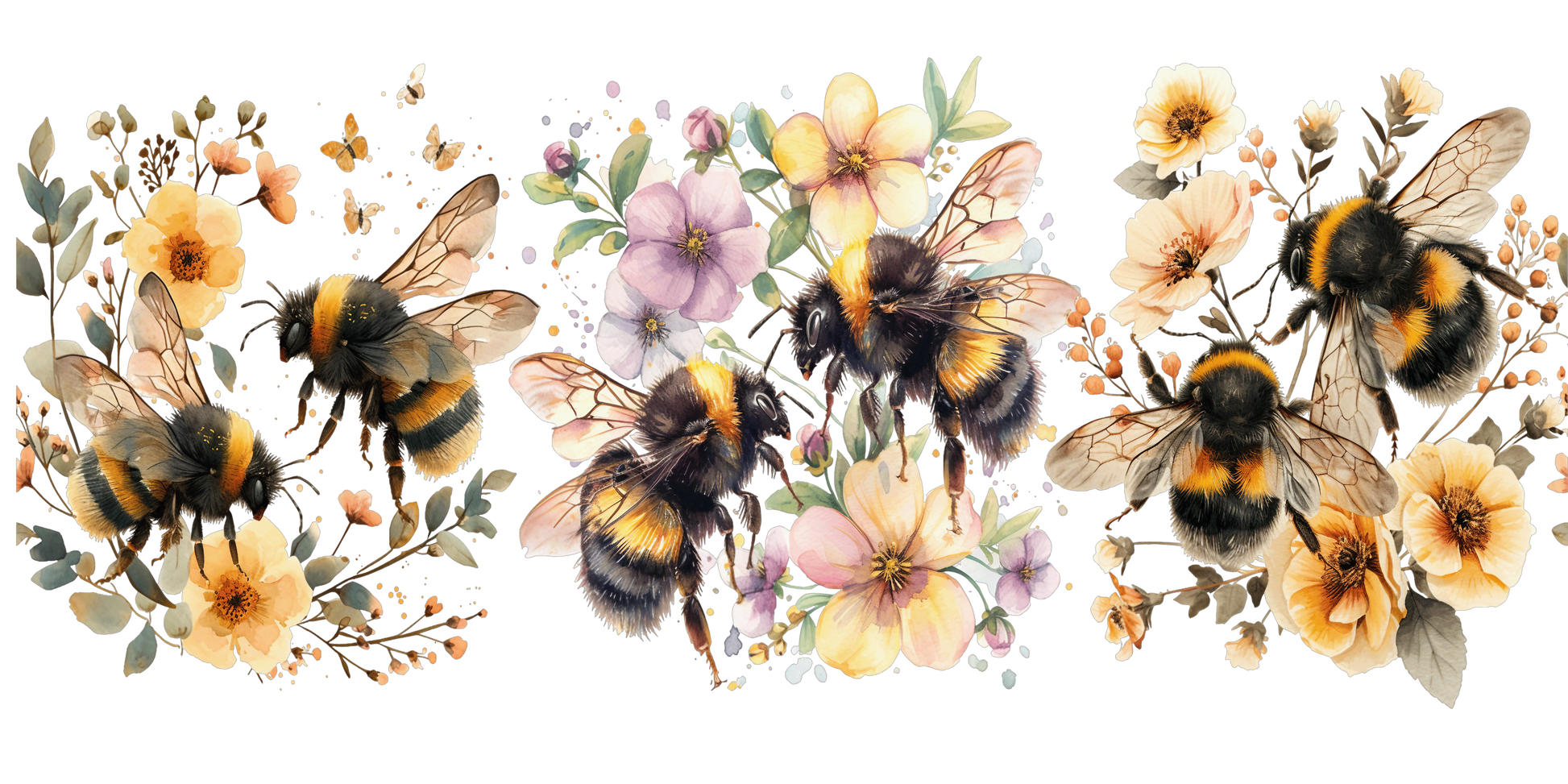 Illustration of bees and flowers on a white background