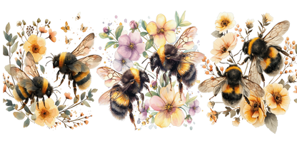 Illustration of bees and flowers on a white background