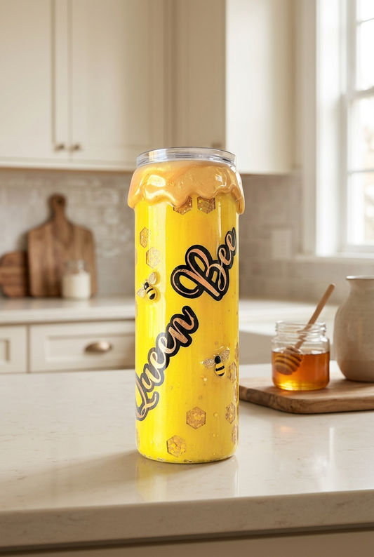 Bee tumbler on an aesthetic kitchen counter