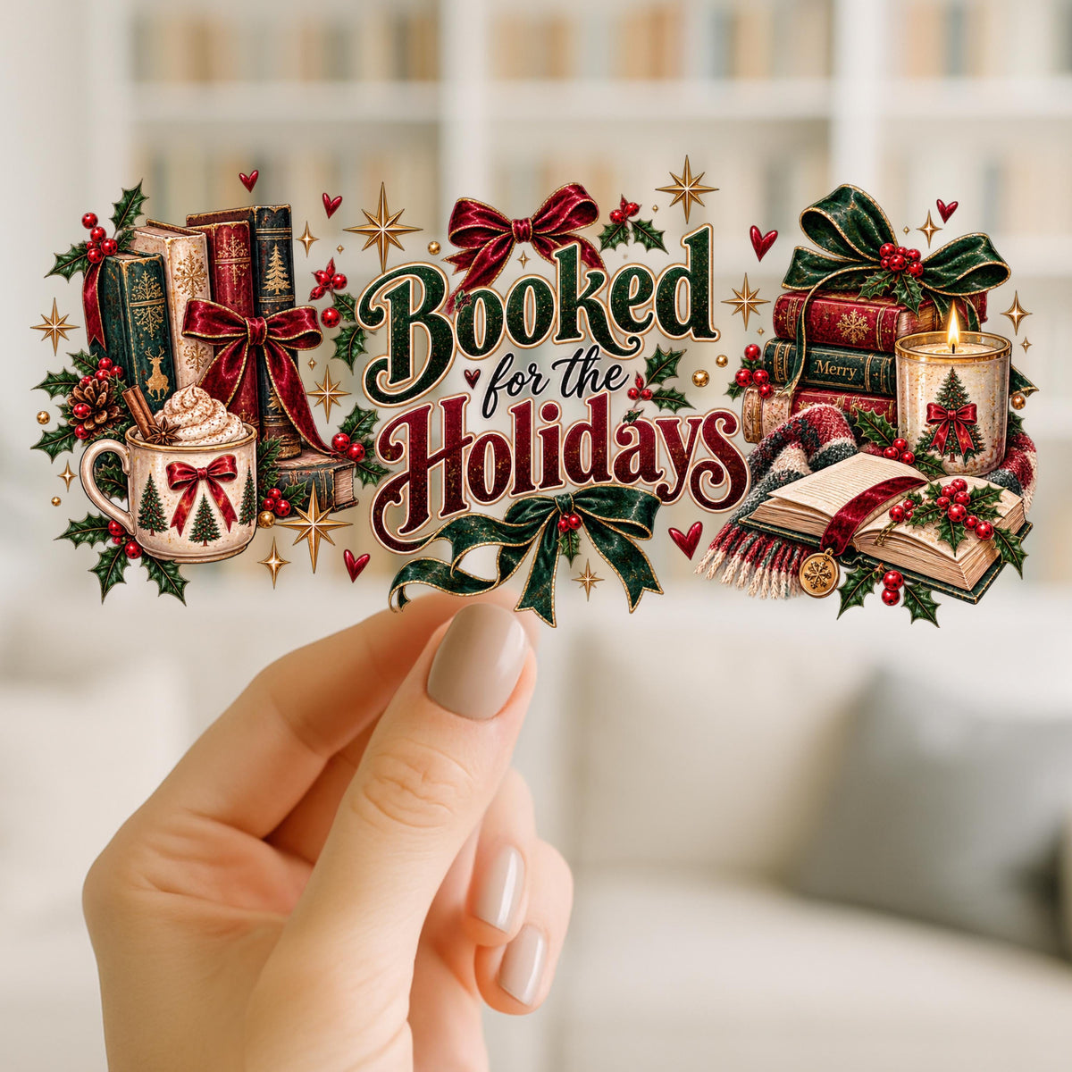 Booked for the Holidays Christmas UV DTF Wrap for 16oz Glass Can | Book Lover Cup Wrap | Cozy Reading Christmas Design
