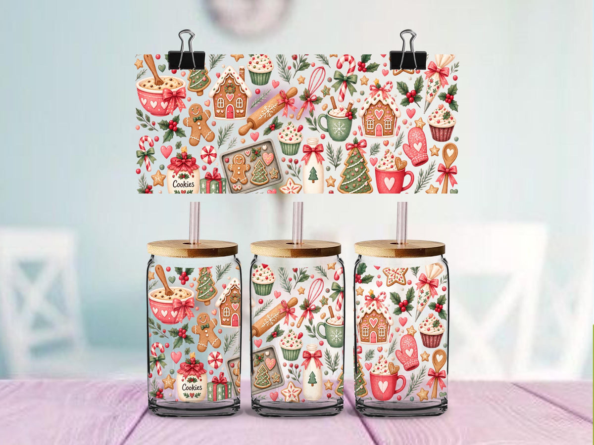 Christmas Baking UV DTF Wrap for 16oz Glass Can | Gingerbread Cookie Cup Wrap | Pink Christmas Kitchen Design | Ready to Apply