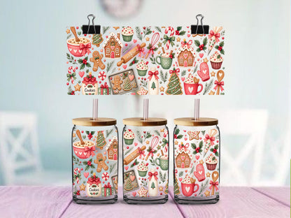 Christmas Baking UV DTF Wrap for 16oz Glass Can | Gingerbread Cookie Cup Wrap | Pink Christmas Kitchen Design | Ready to Apply