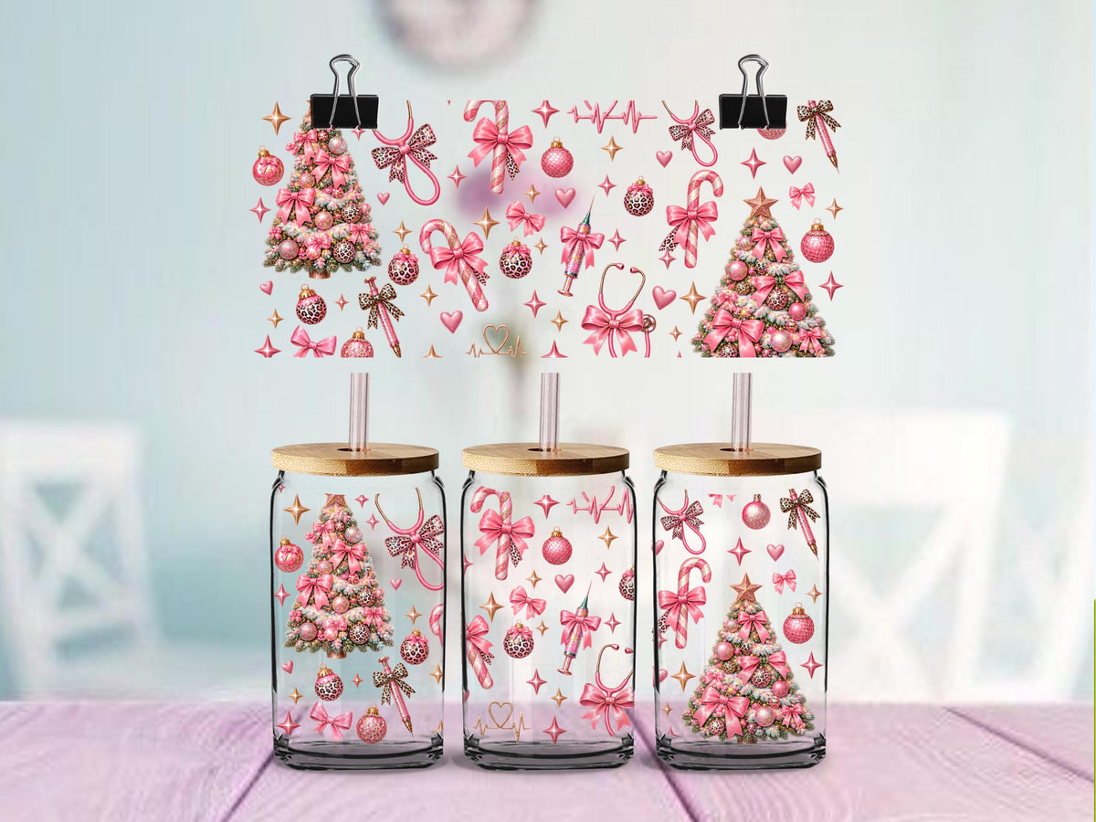 Christmas Nurse UV DTF Wrap for 16oz Glass Can | Pink Christmas Nursing Cup Wrap | Leopard Bow Stethoscope Holiday Design | 3 Styles