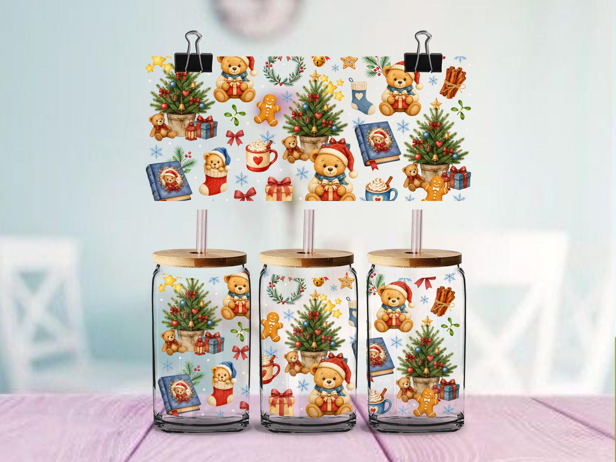 Christmas Teddy Bear UV DTF Wrap for 16oz Glass Can | Vintage Christmas Bear Cup Wrap | Cozy Holiday Gingerbread Design