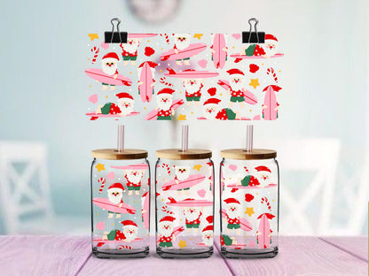 Christmas Vacation Santa UV DTF Wrap for 16oz Glass Can | Surfing Santa & Flamingo Float Cup Wrap | Tropical Holiday Design