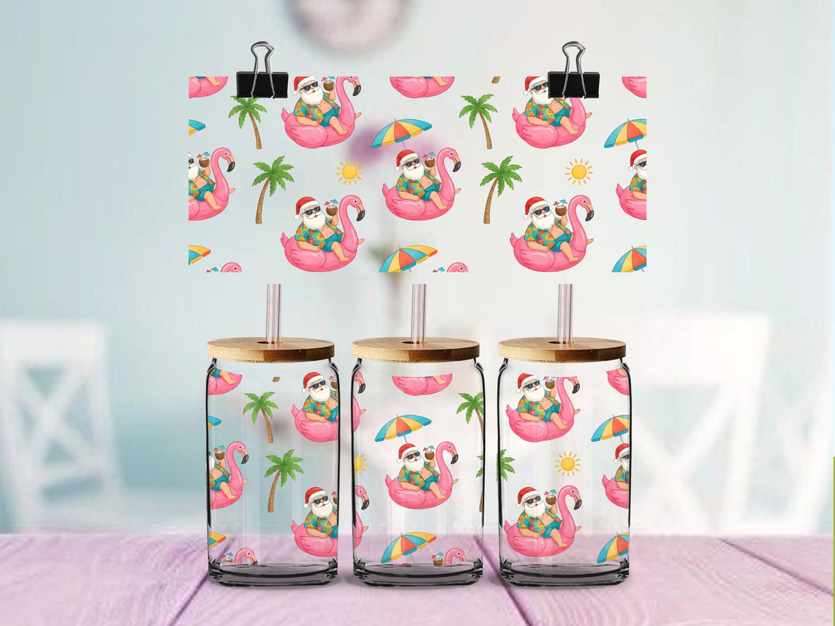 Christmas Vacation Santa UV DTF Wrap for 16oz Glass Can | Surfing Santa & Flamingo Float Cup Wrap | Tropical Holiday Design