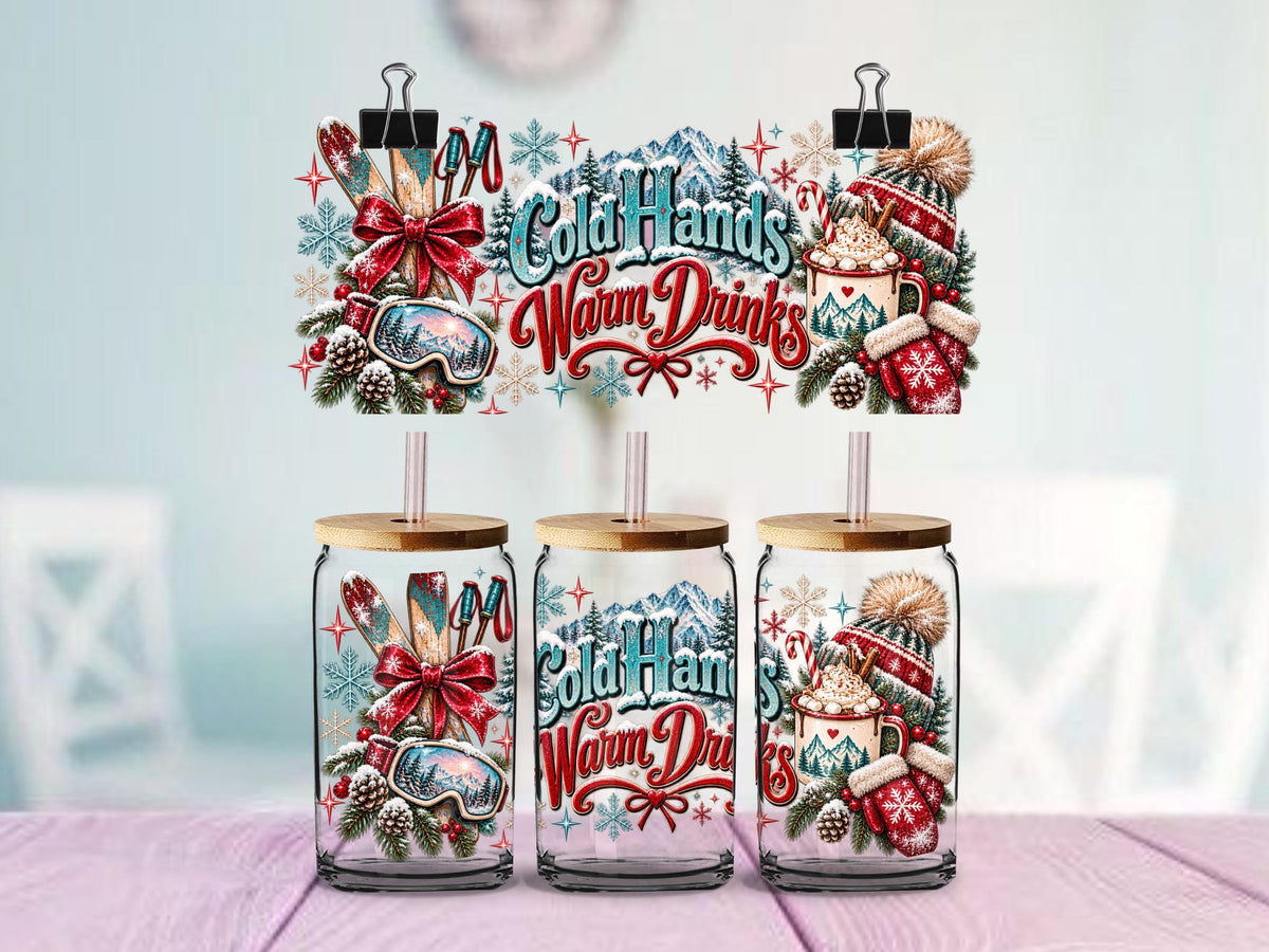 Cold Hands Warm Drinks UV DTF Wrap for 16oz Glass Can | Winter Ski Lodge Cup Wrap | Hot Cocoa Snow Mountain Design