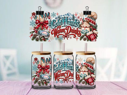 Cold Hands Warm Drinks UV DTF Wrap for 16oz Glass Can | Winter Ski Lodge Cup Wrap | Hot Cocoa Snow Mountain Design