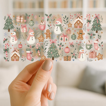 Cozy Christmas UV DTF Wrap for 16oz Glass Can | Pastel Christmas Cup Wrap | Gingerbread Snowman Holiday Design