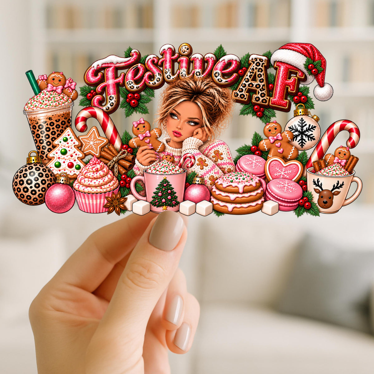 Festive AF Christmas UV DTF Wrap for 16oz Glass Can | Sassy Holiday Cup Decal | Pink Leopard Santa & Gingerbread Design