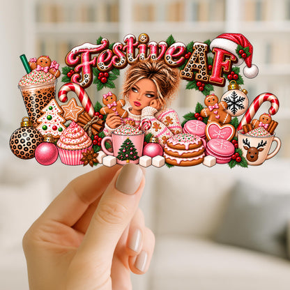 Festive AF Christmas UV DTF Wrap for 16oz Glass Can | Sassy Holiday Cup Decal | Pink Leopard Santa & Gingerbread Design