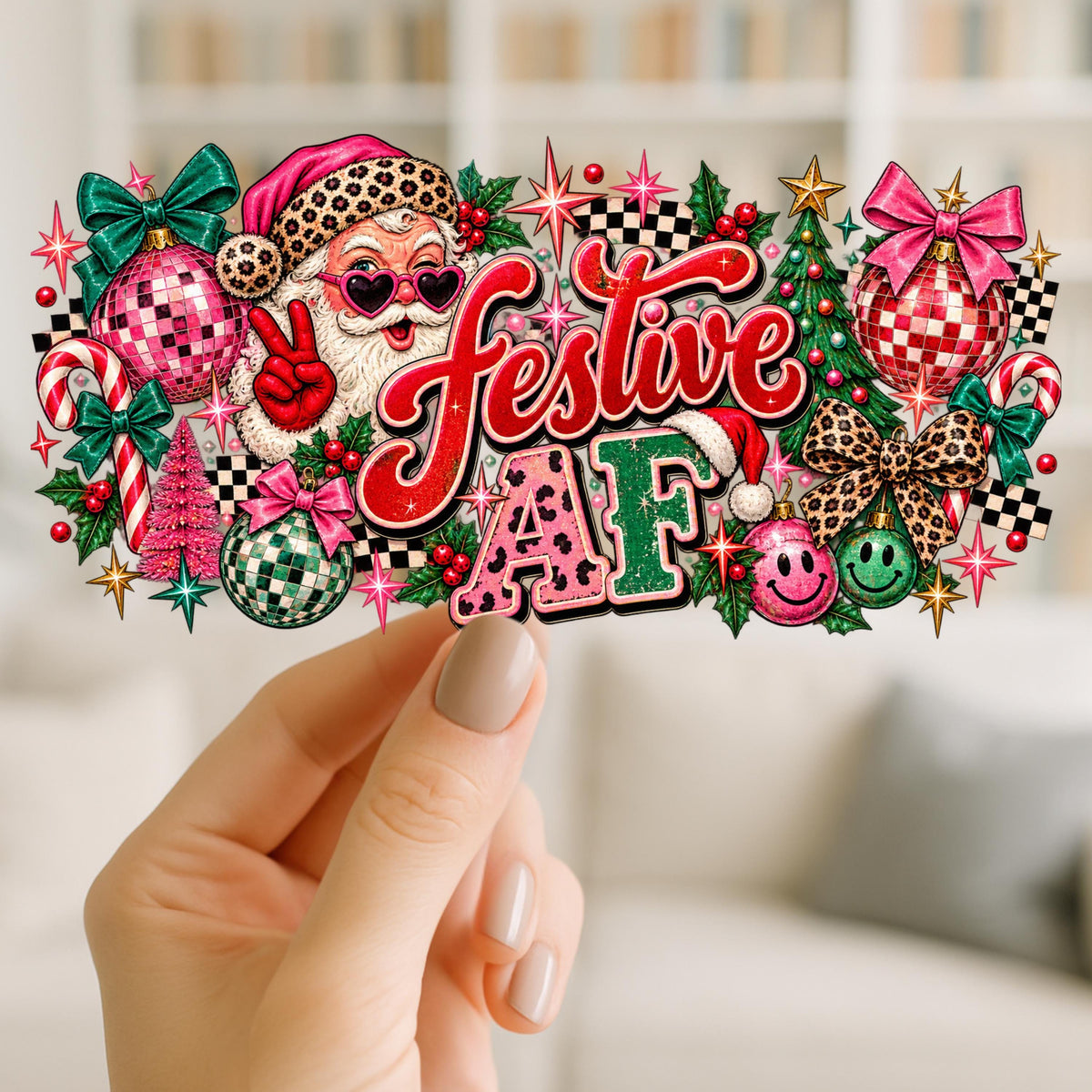 Festive AF Christmas UV DTF Wrap for 16oz Glass Can | Sassy Holiday Cup Decal | Pink Leopard Santa & Gingerbread Design