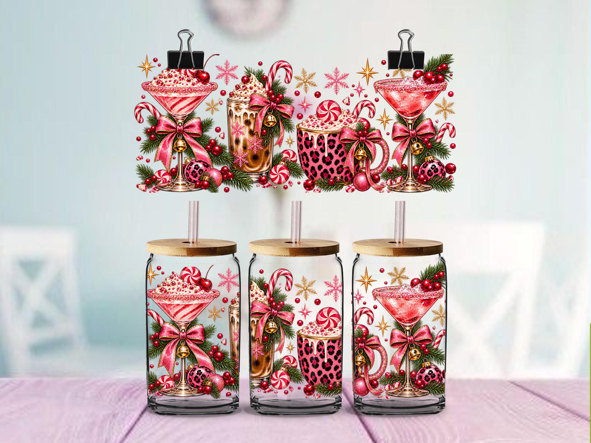 Pink Christmas Drinks UV DTF Wrap for 16oz Glass Can | Leopard Print Holiday Coffee & Cocktail Cup Decal