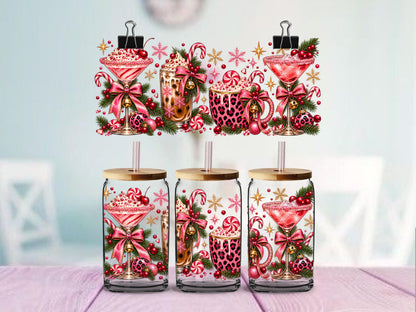 Pink Christmas Drinks UV DTF Wrap for 16oz Glass Can | Leopard Print Holiday Coffee & Cocktail Cup Decal
