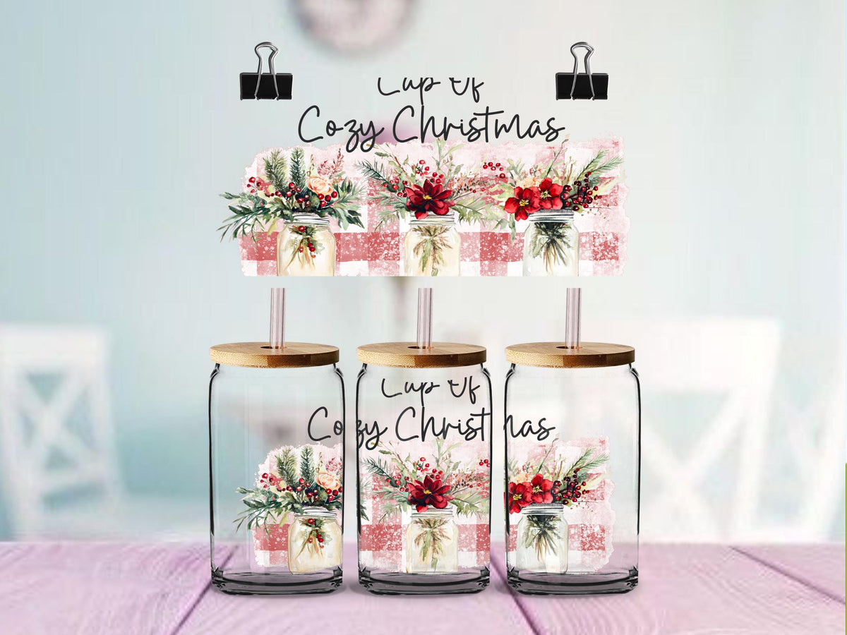 Christmas Mason Jar UV DTF Wrap for 16oz Glass Can | Cup of Cozy Christmas & Holiday Cheer | Farmhouse Christmas Cup Decal