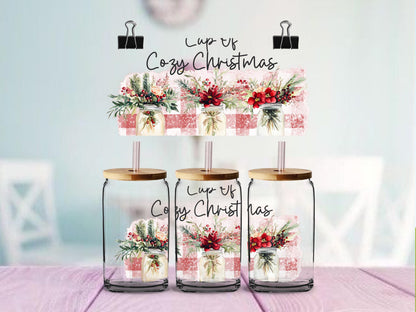 Christmas Mason Jar UV DTF Wrap for 16oz Glass Can | Cup of Cozy Christmas & Holiday Cheer | Farmhouse Christmas Cup Decal