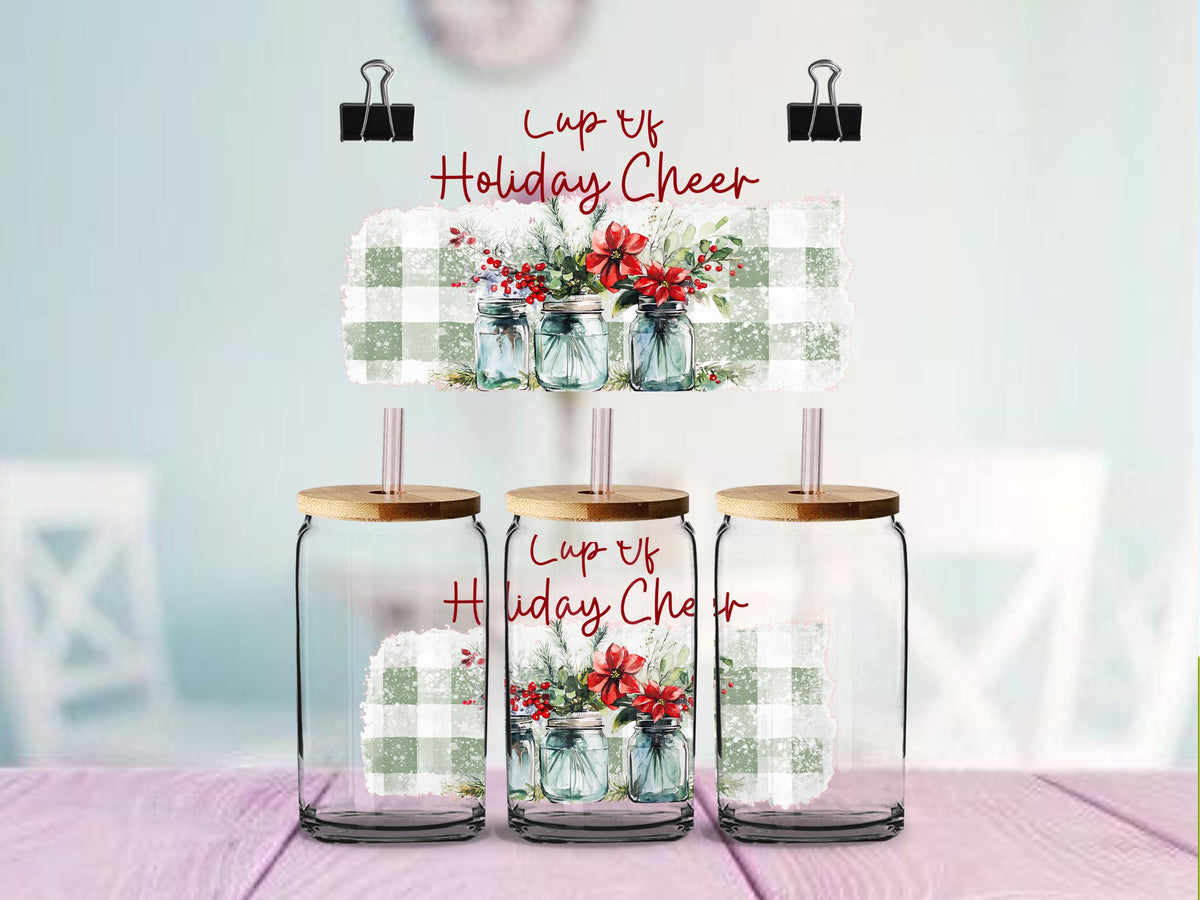 Christmas Mason Jar UV DTF Wrap for 16oz Glass Can | Cup of Cozy Christmas & Holiday Cheer | Farmhouse Christmas Cup Decal