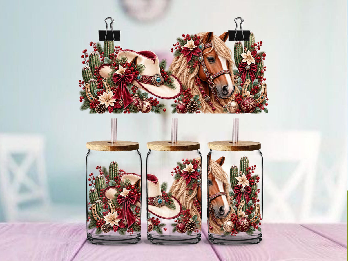Western Christmas UV DTF Wrap for 16oz Glass Cup | Christmas Horse Cowboy Hat Cactus Design | Cowgirl Holiday Cup Decal