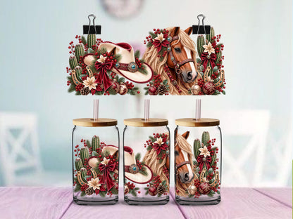 Western Christmas UV DTF Wrap for 16oz Glass Cup | Christmas Horse Cowboy Hat Cactus Design | Cowgirl Holiday Cup Decal