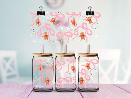 Gingerbread and Pink Bows Christmas UV DTF Wrap for 16oz Glass Cup | Coquette Christmas Bows | Gingerbread Man Holiday Cup Decal