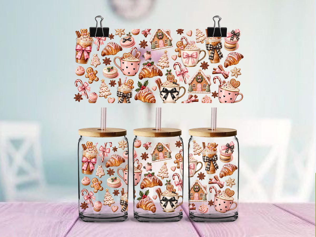 Gingerbread Café Christmas UV DTF Wrap for 16oz Glass Cup | Pink Coquette Holiday Coffee Cup Decal | Gingerbread Café Design