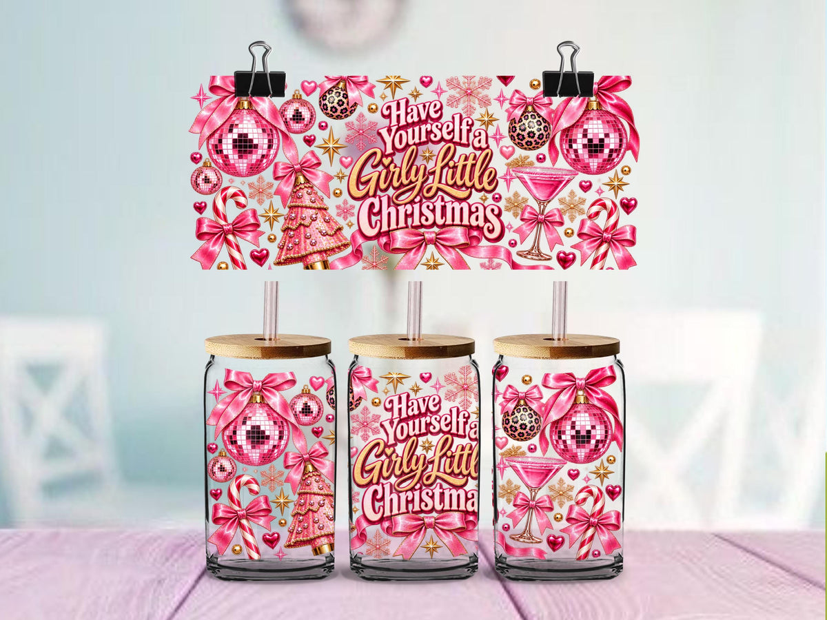 Girly Little Christmas UV DTF Wrap for 16oz Glass Cup | Pink Christmas Disco Ball Cup Decal | Coquette Bow Holiday Wrap