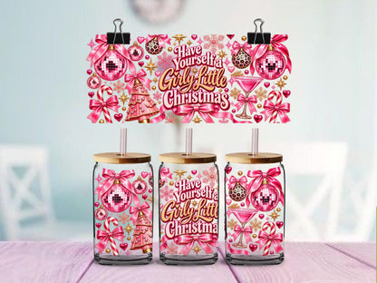 Girly Little Christmas UV DTF Wrap for 16oz Glass Cup | Pink Christmas Disco Ball Cup Decal | Coquette Bow Holiday Wrap