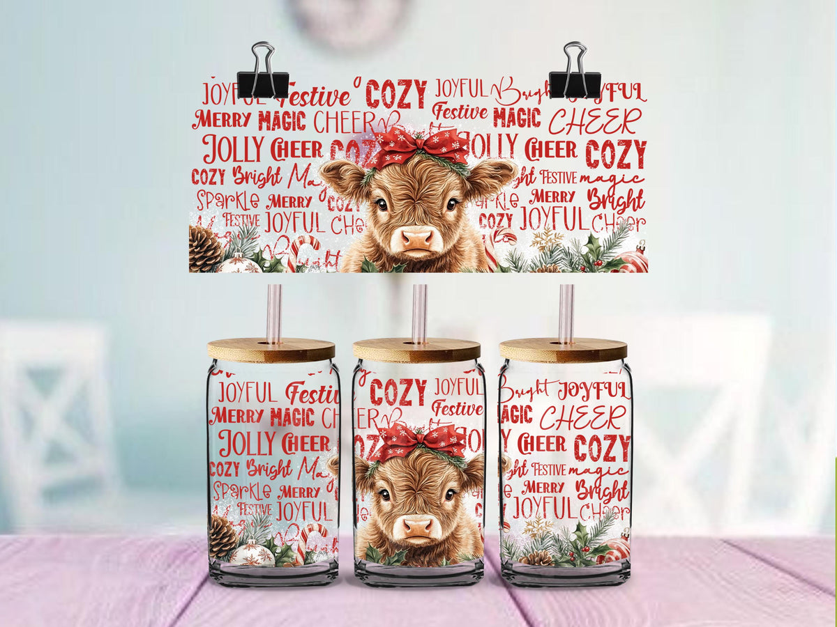 Highland Cow Christmas UV DTF Wrap for 16oz Glass Cup, Holiday Cow Cup Decal, Rustic Farmhouse Christmas, 2 Designs