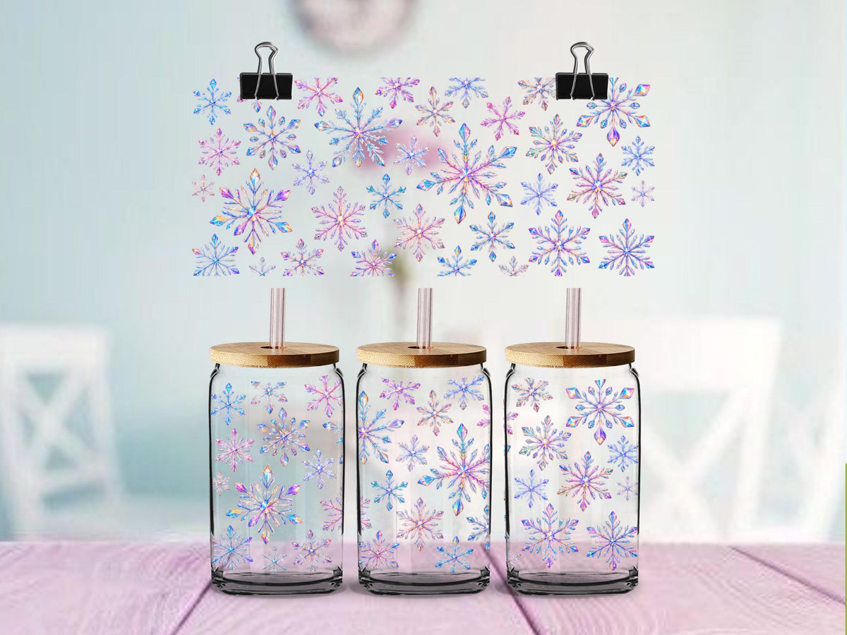 Faux Holographic Snowflake UV DTF Wrap for 16oz Glass Cup, Iridescent Winter Cup Decal, Pink Blue Snowflakes, Ready to Apply