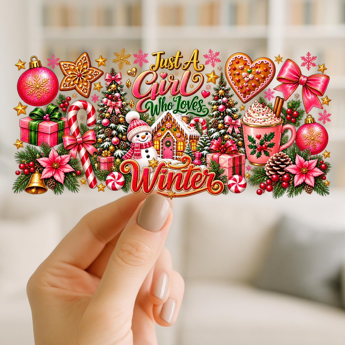 Just a Girl Who Loves Winter UV DTF Wrap for 16oz Glass Cup, Pink Christmas Cup Decal, Girly Winter Wonderland Design
