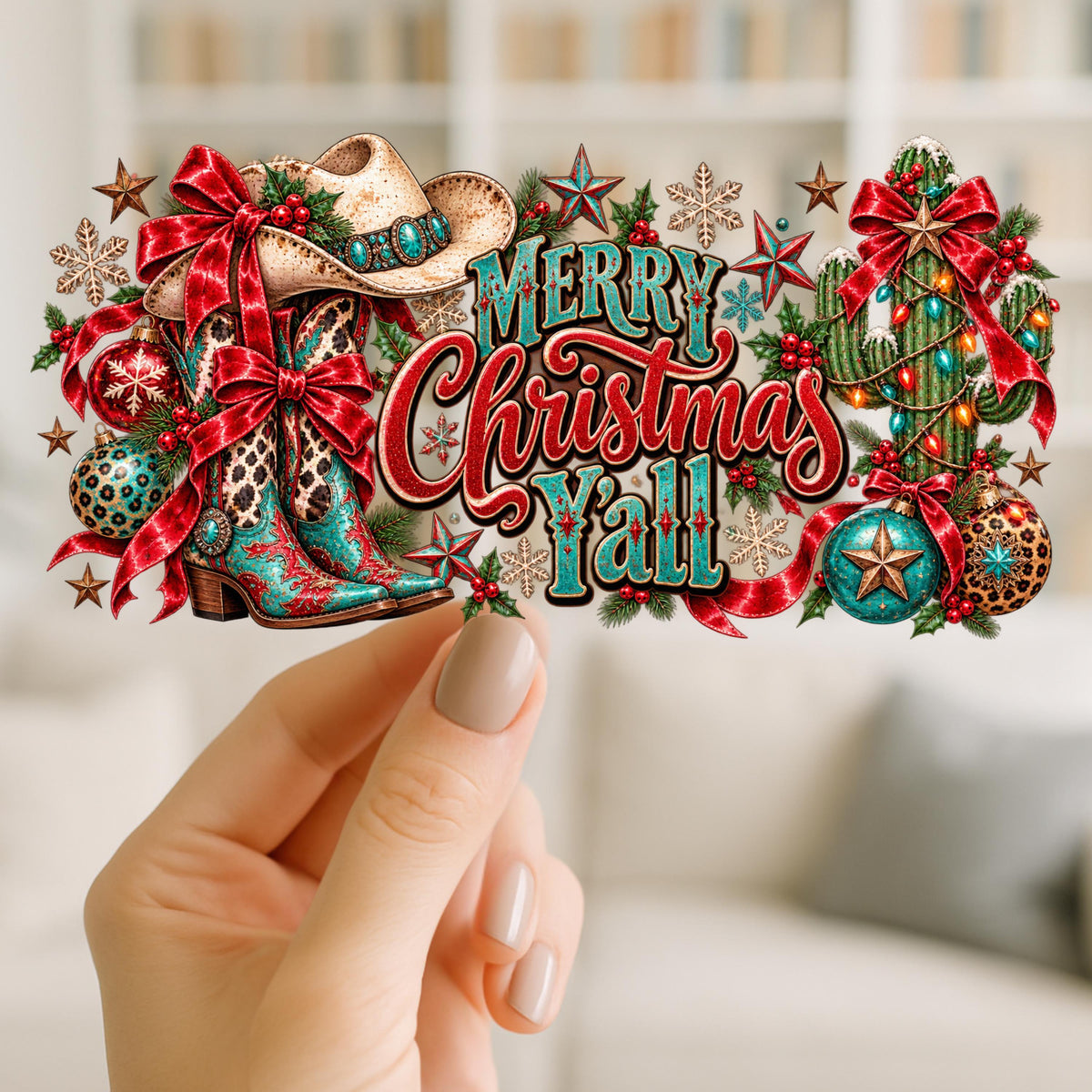 Merry Christmas Y'all UV DTF Cup Wrap | Western Christmas Cowboy Boots | 16oz Glass Can Wrap
