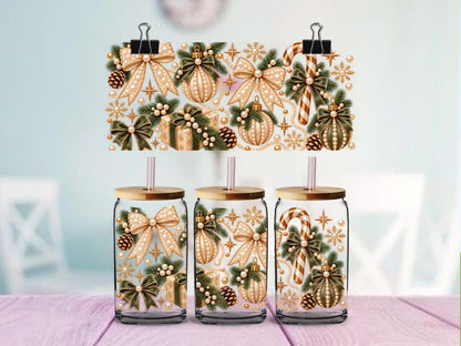 Pearl & Gold Christmas UV DTF Cup Wrap | Elegant Green Bow Holiday Design