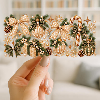 Pearl & Gold Christmas UV DTF Cup Wrap | Elegant Green Bow Holiday Design