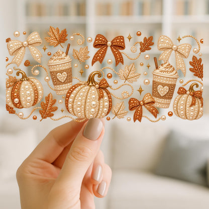 Pearl Pumpkin UV DTF Cup Wrap | Elegant Gold & Ivory Fall Design