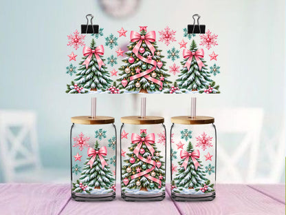 Pink and Mint Winter Wonderland UV DTF Cup Wrap | Christmas Trees & Bows