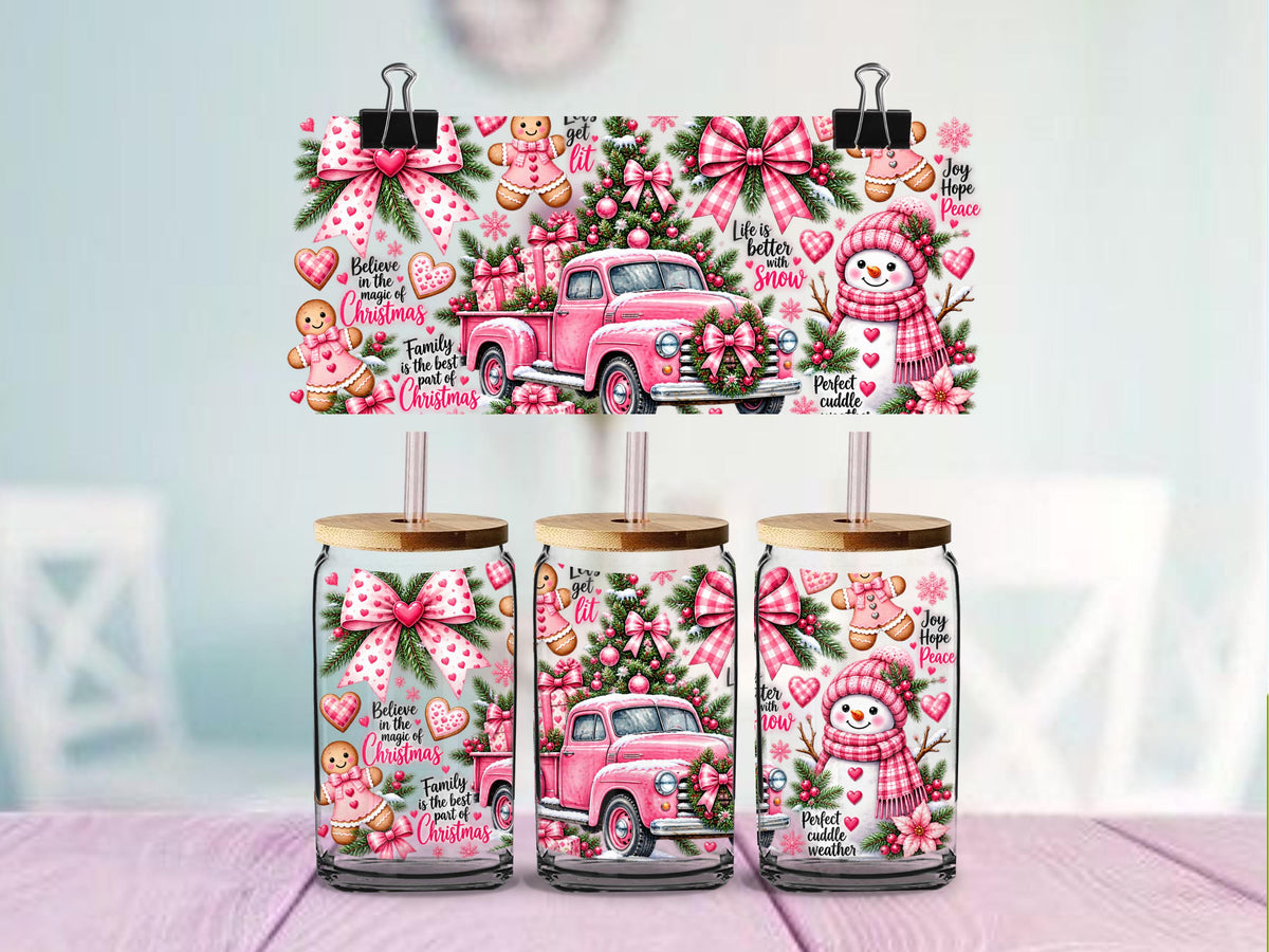 Pink Christmas Truck UV DTF Cup Wrap | Gingerbread & Snowman Holiday Design
