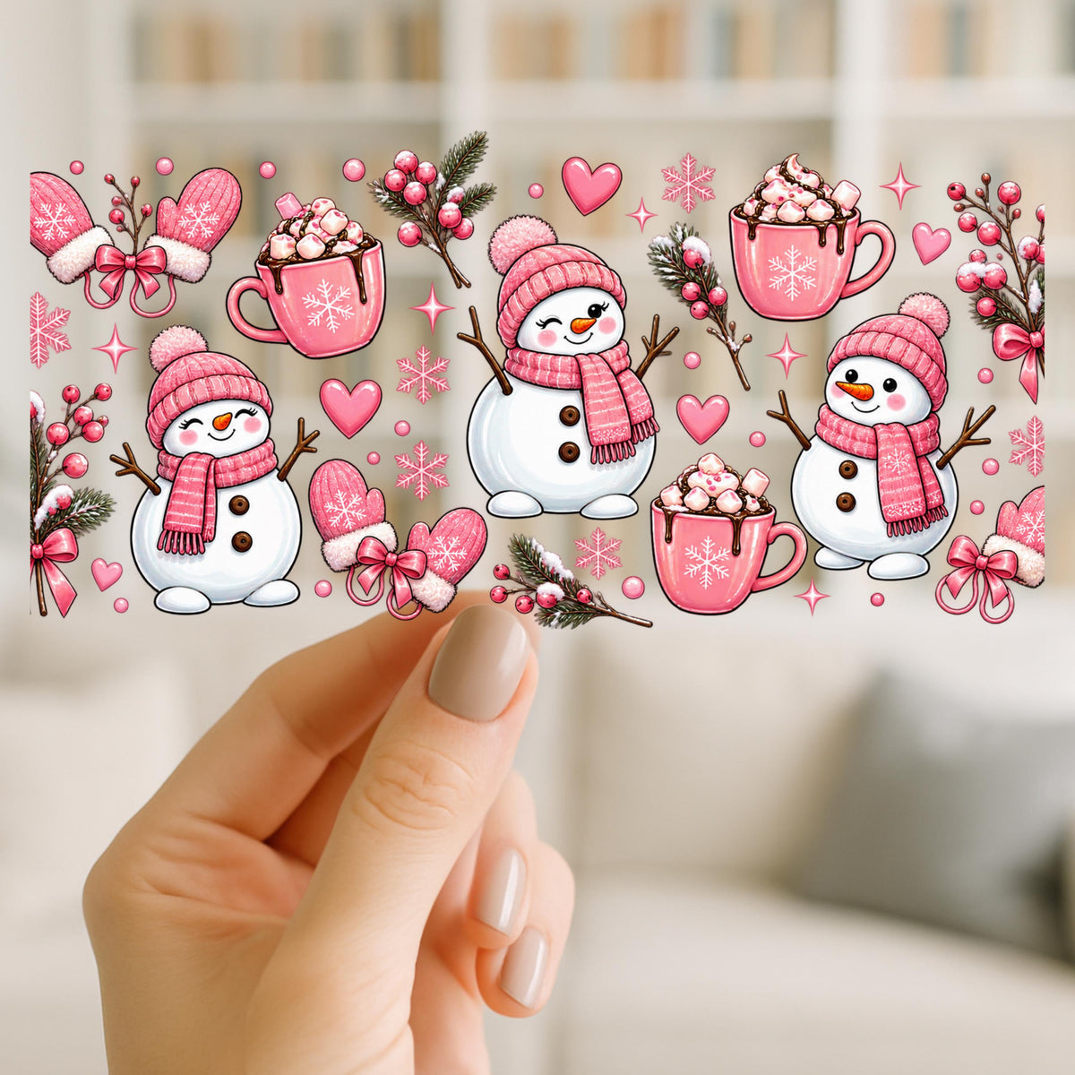 Pink Snowman UV DTF Cup Wrap | Hot Cocoa & Cozy Winter Design
