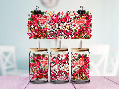 Sleigh All Day Sip All Night UV DTF Cup Wrap | Pink Christmas Cocktail Design