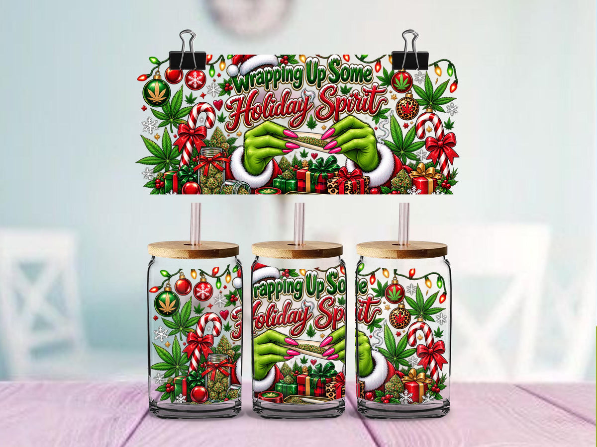 Wrapping Up Some Holiday Spirit UV DTF Cup Wrap | Funny 420 Christmas Design