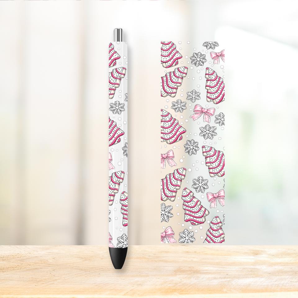 Christmas Snack Cake UV DTF Pen Wrap, Pink Bows and Snowflakes, Pen Wrap, Coquette Christmas Decal
