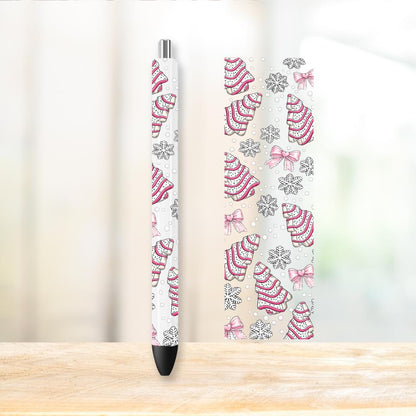 Christmas Snack Cake UV DTF Pen Wrap, Pink Bows and Snowflakes, Pen Wrap, Coquette Christmas Decal