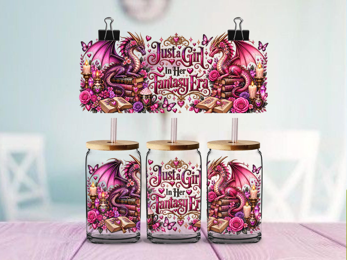 Just a Girl in Her Fantasy Era UV DTF Cup Wrap | Pink Purple Dragon and Bookish Design | 16oz Glass Can Wrap Ready to Apply