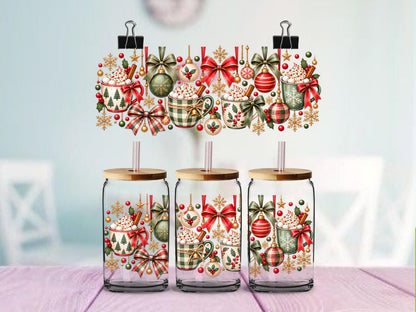 Christmas Hot Cocoa UV DTF Cup Wrap | Red Green Plaid Bows & Ornaments | Cozy Holiday 16oz Glass Can Wrap | Ready to Apply