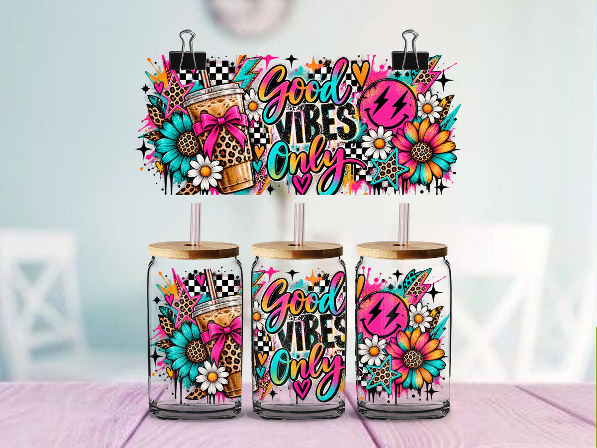 Good Vibes Only UV DTF Cup Wrap | Colorful Retro Coffee Leopard Print Daisy Design | 16oz Glass Can Wrap | Ready to Apply