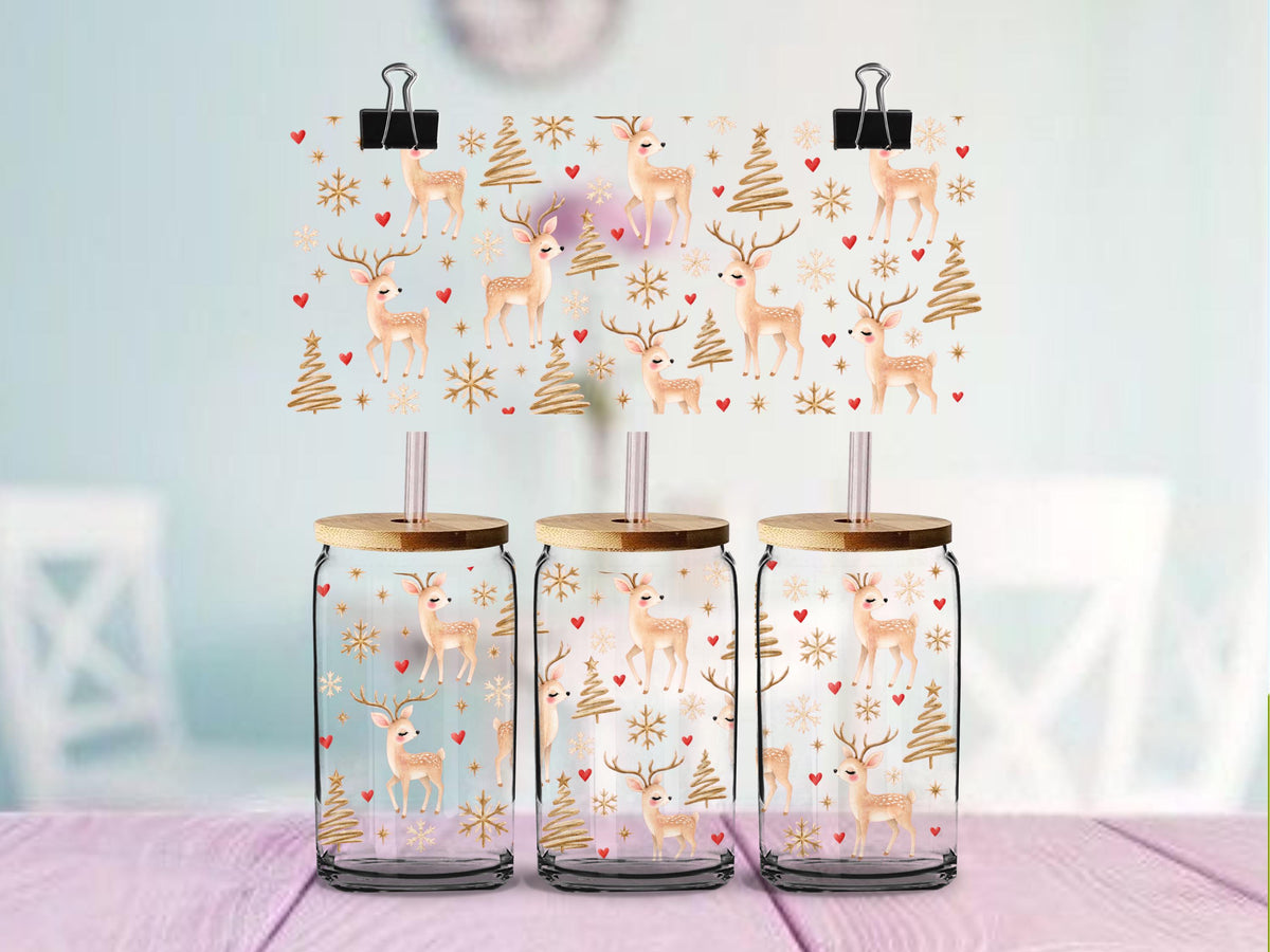 Cute Christmas Reindeer Hearts & Snowflakes Design | 16oz Glass Can Wrap | Ready to Apply