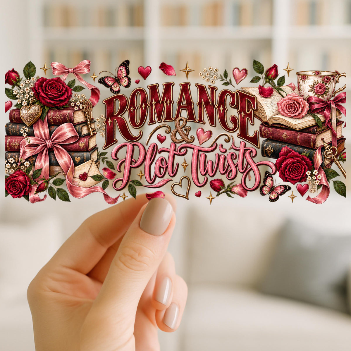 Romance & Plot Twists Book Lover Floral Design | 16oz Glass Can Wrap | Ready to Apply