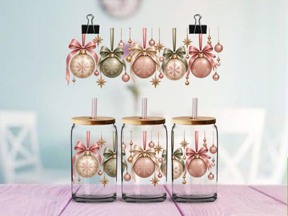 Vintage Christmas Ornaments Pink Sage Green & Gold Design | 16oz Glass Can Wrap | Ready to Apply