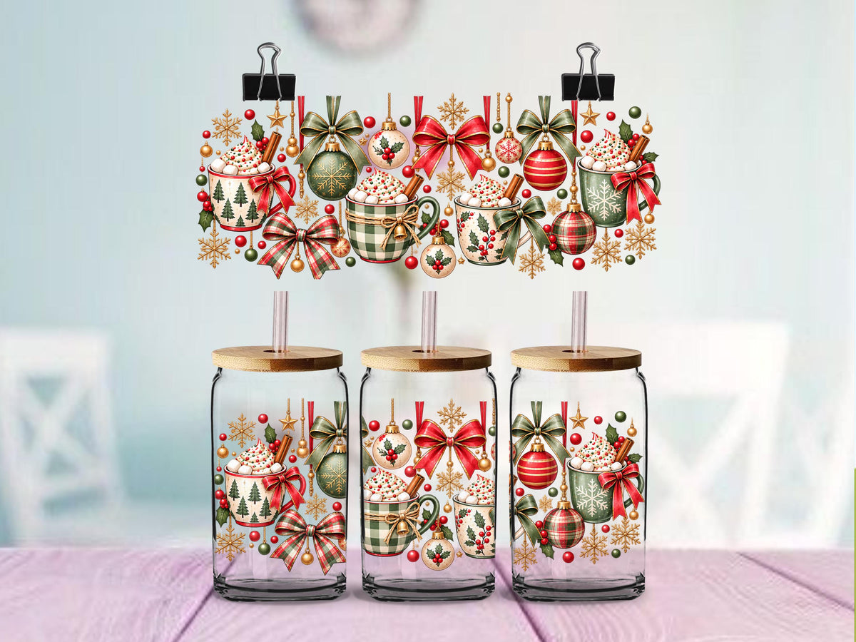 Festive Christmas Hot Cocoa Mugs & Ornaments Design | 16oz Glass Can Wrap | Ready to Apply