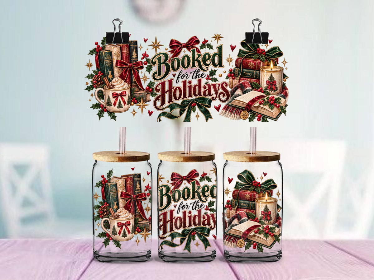 Booked for the Holidays Christmas UV DTF Wrap for 16oz Glass Can | Book Lover Cup Wrap | Cozy Reading Christmas Design
